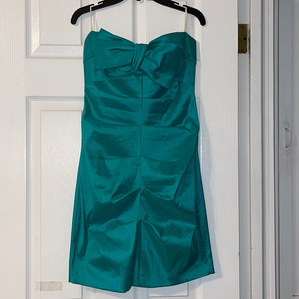 Turquoise Ruched Strapless Dress with Bow